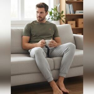 Polo Ralph Lauren Mens Pajama Set Olive Green T-Shirt Gray Jogger Pants L M